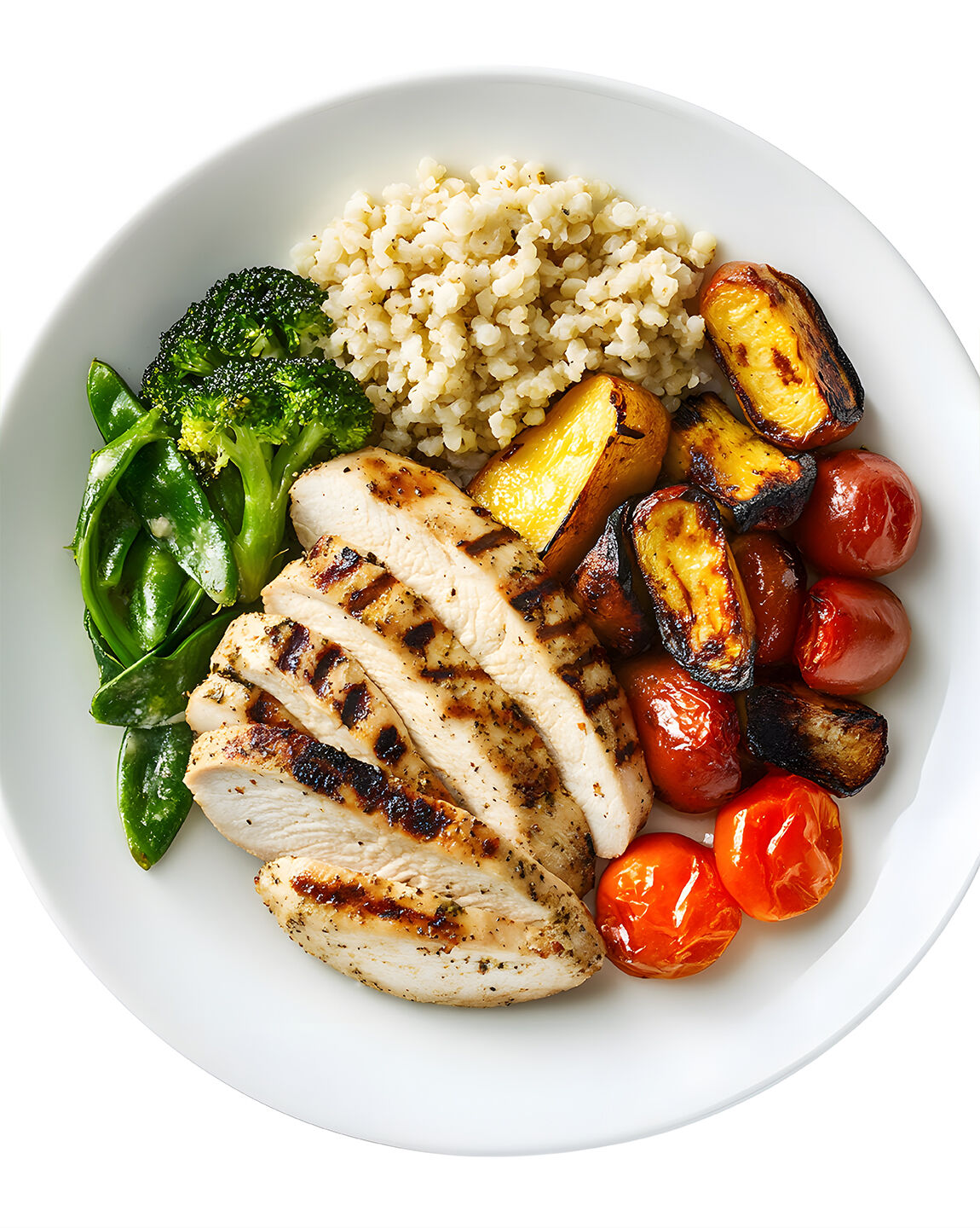 Assiette équilibrée avec du poulet grillé, des légumes rôtis, et du riz complet