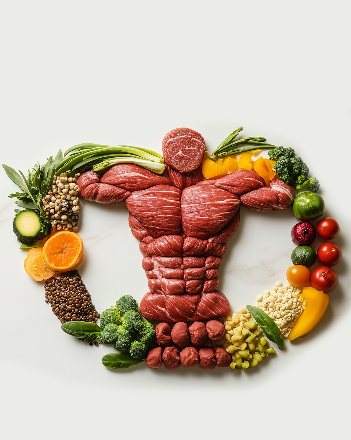 Composition artistique représentant un corps musclé formé de viande et entouré de légumes et légumineuses